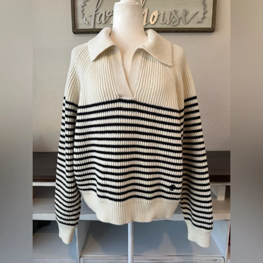 Tory Burch Striped 100% Wool‎ Open Collar Sweater Collared Women's Size L